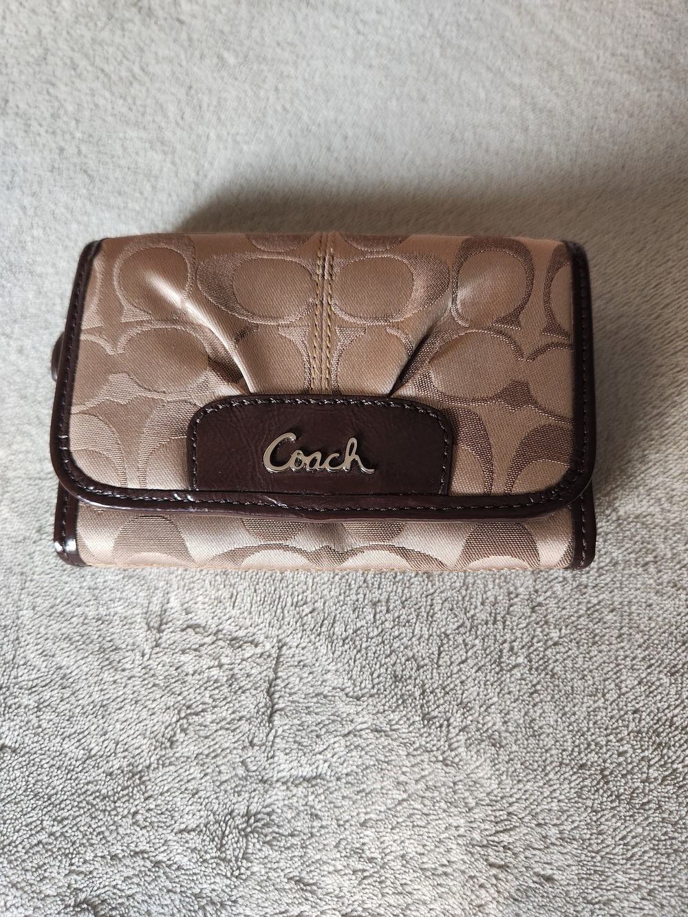 Coach Tan and Brown Signature Compact Wallet